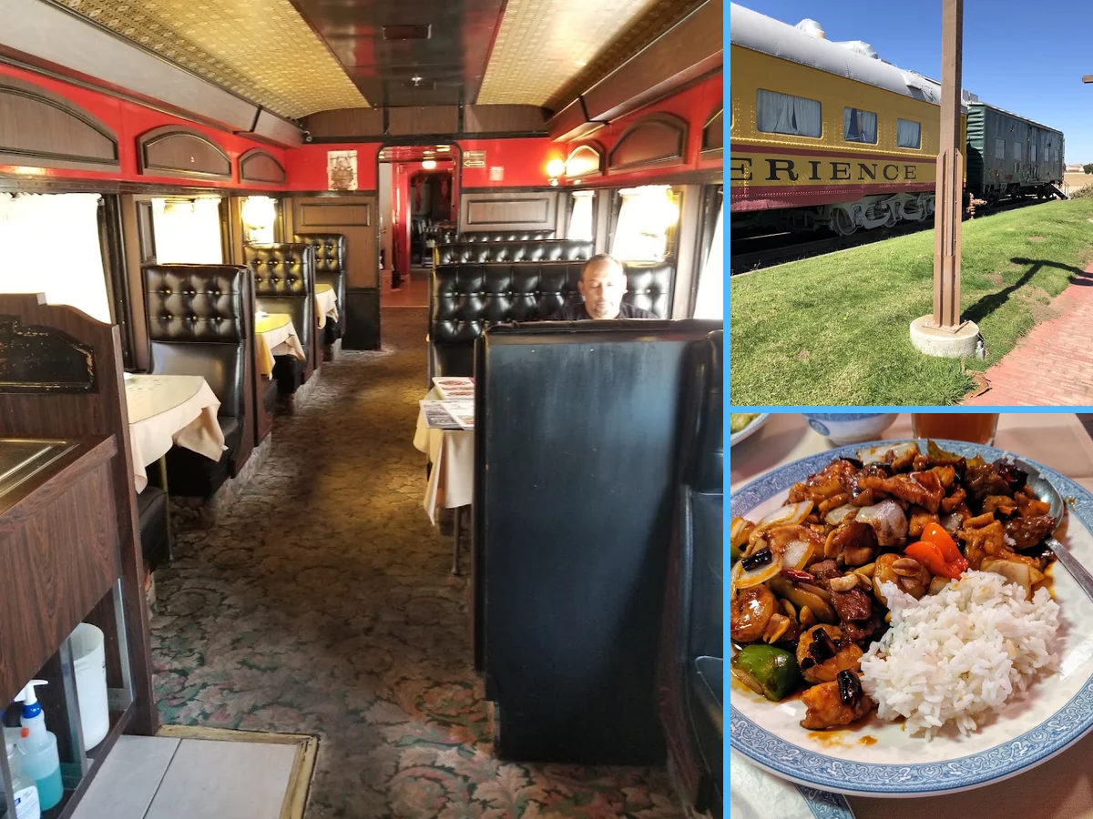 Chinese dishes served in a railway car setting.