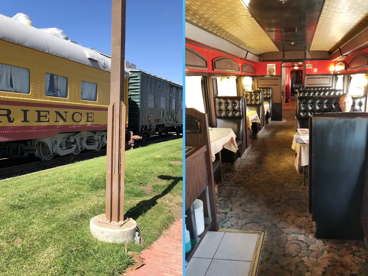 Informal bistro interior with train car seating.
