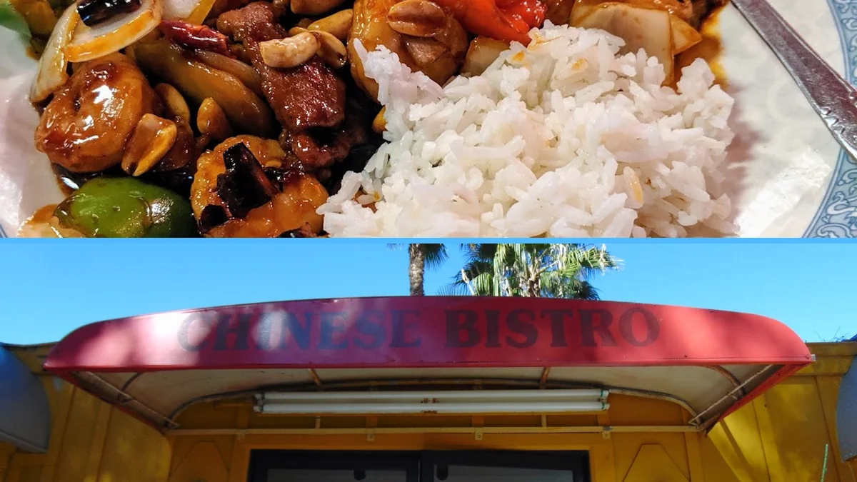 Takeout containers beside classic Chinese restaurant meals.